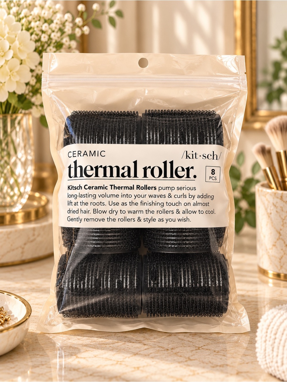 Kitsch Ceramic Thermal Rollers 8-Piece Set Black Self-Grip Volume Hair Rollers